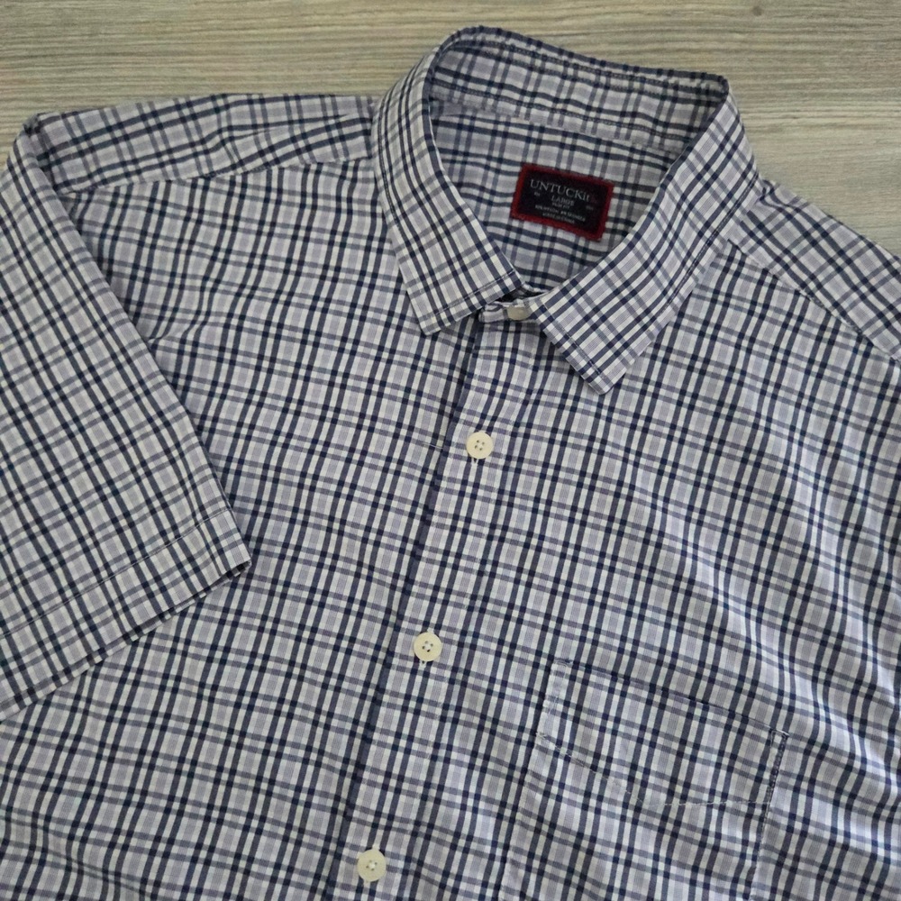 UNTUCKit Shirt Blue Plaid Slim Fit Performance Short Sleeve Mens Large